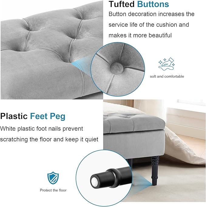 Ottoman with Storage Velvet Storage Bench Holds Up to 500 lbs Ottomans Upholstered Bench with Seating for Bedroom, Living Room, Grey-Ruum Studio Home