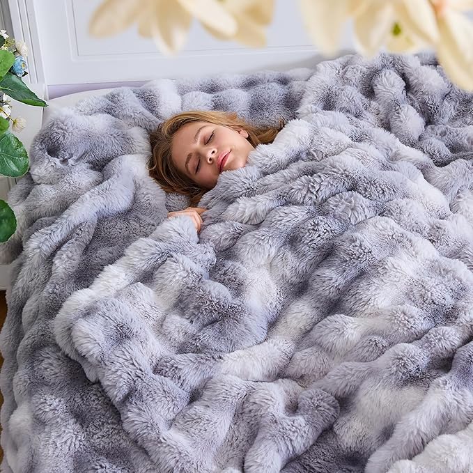 Lotus Karen Faux Fur Blanket - Tie-Dye Gray Twin Size, Big Bubble Rabbit Fluff, Thick Furry Plush Shaggy Blanket for Men, 60x80 Inches-Ruum Studio Home