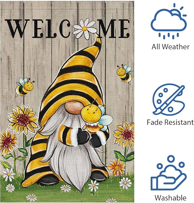 Welcome Summer Gnome Garden Flag Spring Summer Bee Sunflower Yard Flag 12x18 Double Sided Burlap Daisy House Flag for Rustic Seasonal Outside Outdoor House Decoration (ONLY FLAG)-Ruum Studio Home
