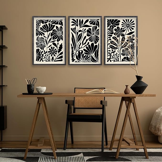 Abstract Floral Botanical Wall Art 16x24 Inch 3 Piece Black Vintage Boho Plant Flower Minimalist Wood Frame Sign Home Living Room Family Office Mid Century Print Wall Hanging Decor (Black)-Ruum Studio Home