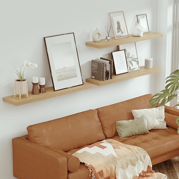 Single Floating Shelves Oak 48 Inches, 48 x 10 inch Deep x 1.8 in Thick, Long Wall Shelves Heavy Duty 80 lbs for Bedroom, Living Room, Kitchen, Office, Modern Shelf Book Home Decor-Ruum Studio Home