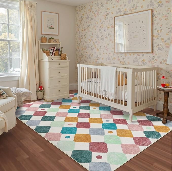 jinchan Area Rug 5x7 Kids Washable Indoor Floor Cover Non-Slip Modern Soft Rug Elementary School Classroom Colorful Diamond Carpet for Nursery Playroom Daycare Bedroom Living Room Confetti on Cream-Ruum Studio Home