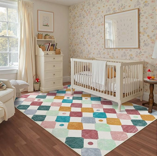 jinchan Area Rug 5x7 Kids Washable Indoor Floor Cover Non-Slip Modern Soft Rug Elementary School Classroom Colorful Diamond Carpet for Nursery Playroom Daycare Bedroom Living Room Confetti on Cream-Ruum Studio Home