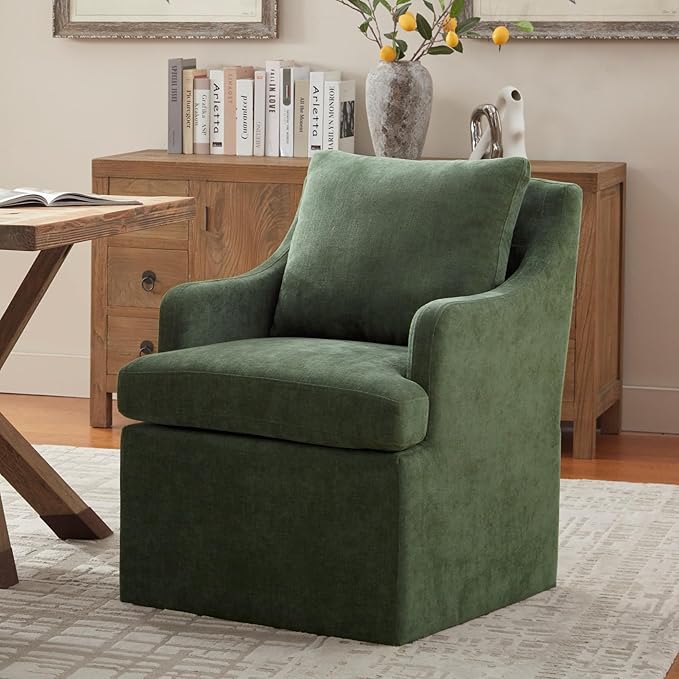 VKNOW Upholstered Dining Chairs Set of 2, Modern Kitchen Chair Dinner Chairs with 4 Casters, Linen Armchair for Bedroom Reading Room, Green-Ruum Studio Home