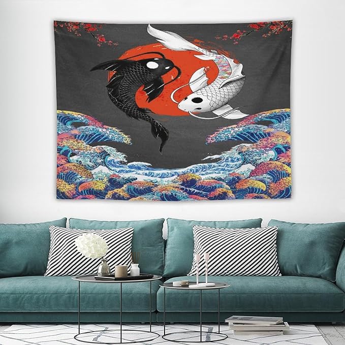 Houselerax Japanese Koi Fish Tapestries, Yin Yang Big Wave Cherry Blossom Tapestry Wall Hanging for Bedroom Living Room Office Decor 80"x60"-Ruum Studio Home