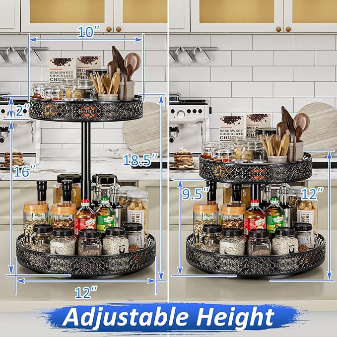 Lazy Susan Organizer 2 Tier - Turntable Spice Rack 12 inch Adjustable Metal Rotating Lazy Susan for Cabinet Pantry Kitchen Countertop Dining Table Cupboard Bathroom Vanity Storage Black-Ruum Studio Home