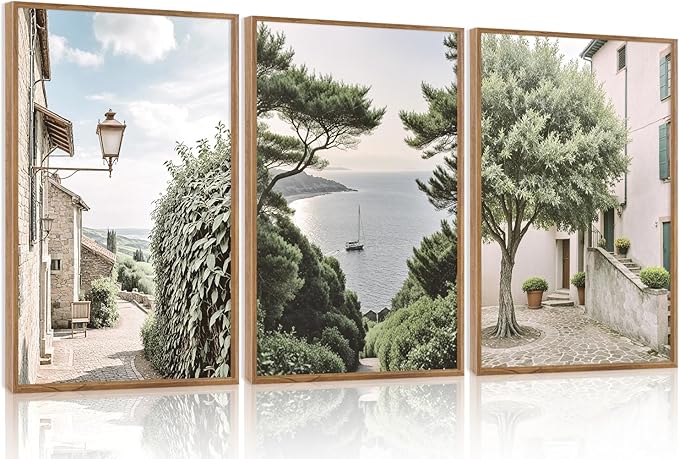 Aurlan Neutral Italy Cityscape Gallery Framed Wall Art(16"x24"), 3PCS Vintage Mediterranean Countryside Landscape Canvas Artwork, Large Town Coast Streets Travel Decor Prints for Office Home-Ruum Studio Home
