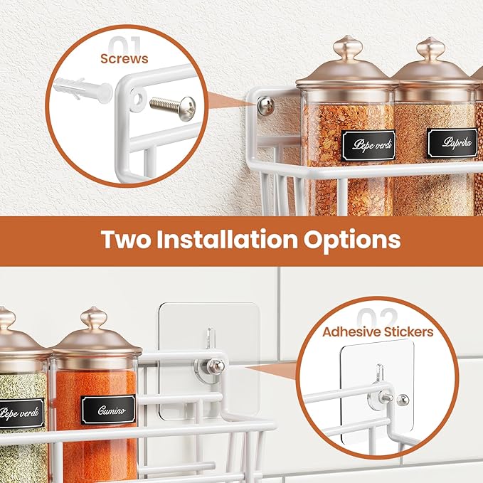 5 Pack Spice Rack Seasoning Organizer Wall Mount, Screw or Adhesive Hanging Shelf Basket Spice Organizer Shelf for Kitchen, White-Ruum Studio Home