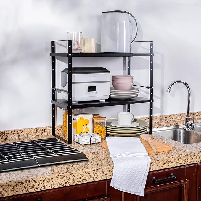 Expandable Cabinet Shelf Organizer Rack, Stackable Kitchen Counter Storage Shelves Stand, Adjustable Height Pantry Shelf Spice Rack (Black, 1 Pack)-Ruum Studio Home