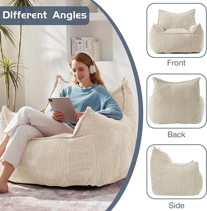 Giant Bean Bag Chair Sofa for Adults Teens, Comfy Corduroy Large Bean Bag Chairs with Armrests for Bedroom Living Room, Adult BeanBag Lazy Sofa Couch Chairs with Filler Included-Ruum Studio Home