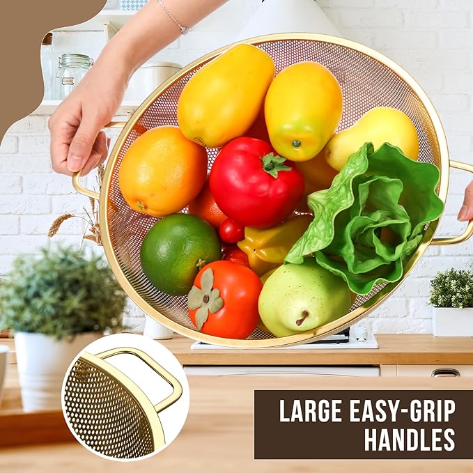 Norme 7 Quart Stainless Steel Gold Colander and 3 Pcs Gold Fine Mesh Strainer, Stainless Steel Pasta Rice Food Metal Strainer with Handles, Easy Clean and Dishwasher Safe-Ruum Studio Home