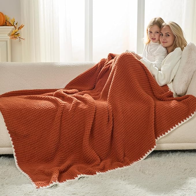 Snuggle Sac Orange Waffle Throw Blanket for Couch Bed Sofa 50x60 inches, Reversible Blanket Microfiber Fluffy Fuzzy Cozy Knit Soft Throws for Women Mothers Birthday Gifts-Ruum Studio Home