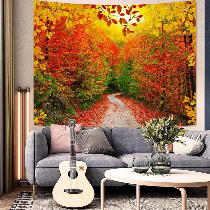 AMM Autumn Forest Tapestry Nature Fall Tree Thanksgiving Tapestry for Bedroom Aesthetic Autumn Path Yellow Red Fallen Leaves Landscape Tapestries Wall Hanging for Living Room Dorm 80 x 60 Inch-Ruum Studio Home