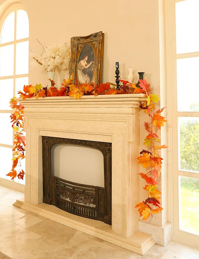 Joyhalo 2 Pack Fall Leaves Garland for Mantle, Autumn Leaf Garland Indoor Outdoor Fall Decor, Hanging Maple Leaves for Mantle, Door Frame, Fireplace and Thanksgiving Decor-Ruum Studio Home