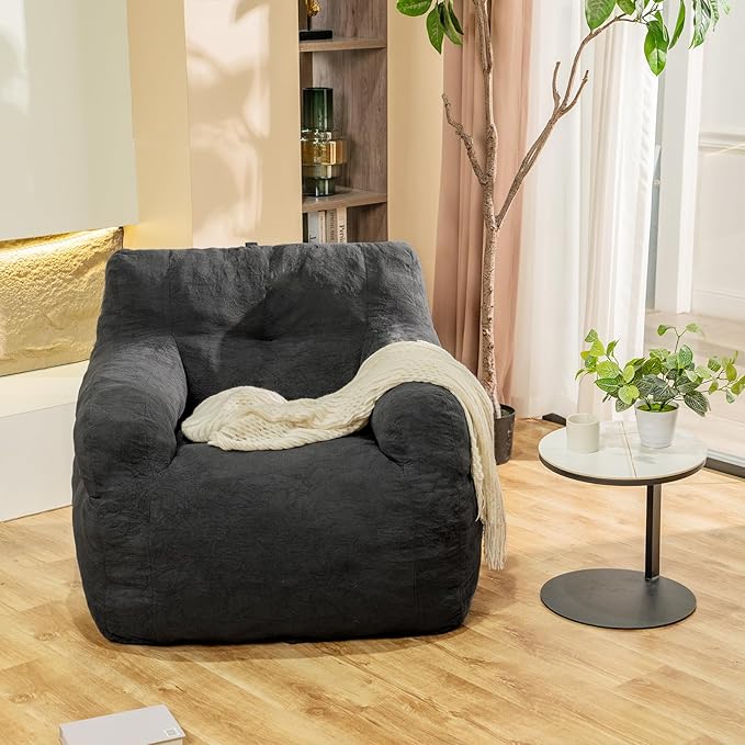 Bean Bag Chair, Bean Bag Chair for Adults, Fluffy and Comfy Bean Bag with Filler, Bean Bag Sofa Chair for Reading, Gaming, Stuffed High-Density Foam, Grey-Ruum Studio Home