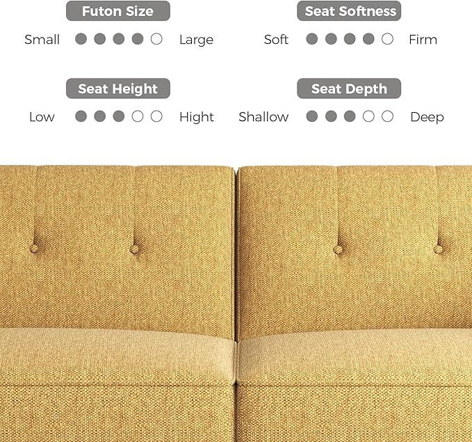 89” Futon Sofa Bed, Linen Comfy Futon Couch Bed with 2 Square Pillows, Convertible Sleeper Sofa with Adjustable Backrest& Armrests, Modern Loveseat Sleeper for Living Room, Bedroom, Yellow-Ruum Studio Home