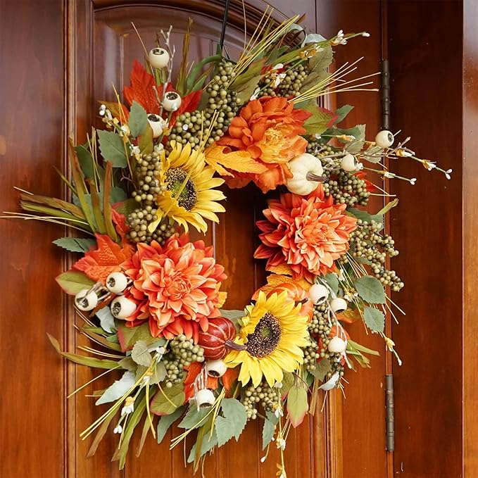 Fall Wreaths for Front Door 24 Inch Fall Wreath with Pumpkins, Sunflowers & Berries – Outdoor Autumn Wreath for Porch, Thanksgiving, Halloween & Harvest Decor-Ruum Studio Home