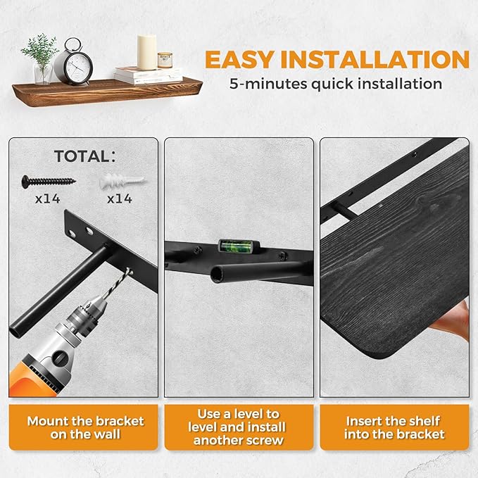 24"x6.8"x1.6" Slanted Floating Wall Shelves 2-Pack - Rustic Black Finish, Heavy-Duty Solid Wood Design with Hidden Brackets - Perfect for Living Room, Kitchen, Bathroom, or Office-Ruum Studio Home