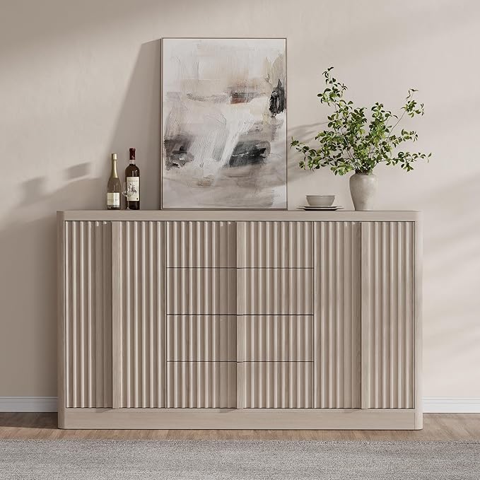 Buffet Cabinet with Storage, 60" Fluted Coffee Bar Cabinet with 4 Drawers & 2 Doors, Solid Wood Handle, Credenza Accent Storage Cabinet for Kitchen Living Dining Room, Natural Oak(1PCS)-Ruum Studio Home