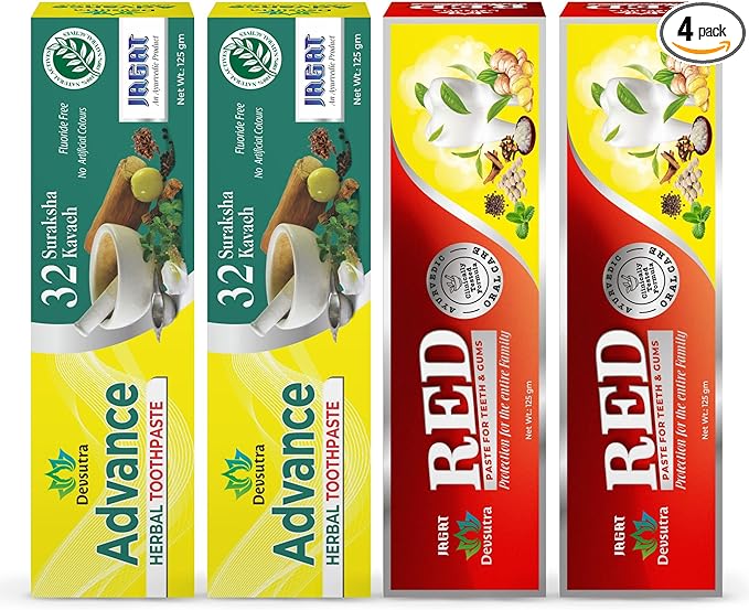 Jagat Devsutra Advanced Toothpaste & Red Toothpaste | Doctor Recommended Ayurvedic, Organic & Herbal | 100% Natural Teeth Whitening, No Fluoride & Artificial Colors, Gum Cure, Vegan - Pack of 4-Ruum Studio Home
