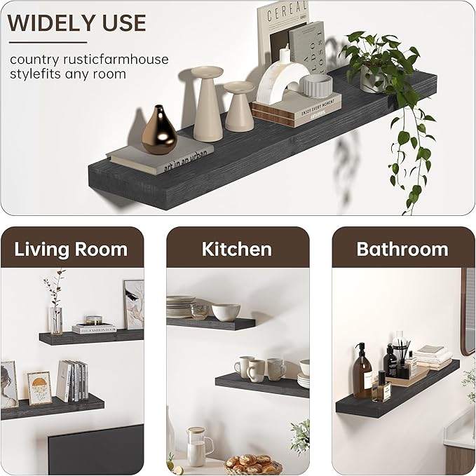 Floating Shelves for Wall, USA-Sourced Fir Wood 24 Inch Wall Shelves Set of 2, Natural Rustic Solid Wooden Floating Shelves Wall Mounted, Nursery Book Storage Shelf, Display Shelf for Bathroom-Ruum Studio Home