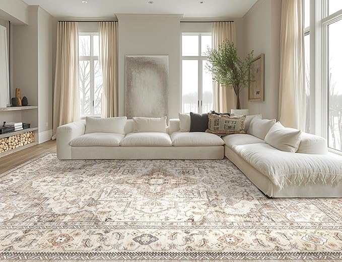 Washable Area Rugs for Living Room - 9x12 Neutral Vintage Distressed Floral Farmhouse Boho Large Soft Floor Rug Indoor Non Slip Carpet for Bedroom Dining Room Office - Brown/Multi-Ruum Studio Home