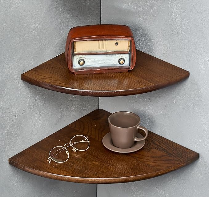 Corner Shelves, Floating Corner Shelf, Set of 2 16inch Solid Oak Wood Corner Wall Shelves, Round End with Wire Hole for Small Plant for Bedroom Kitchen, Living Room-Ruum Studio Home