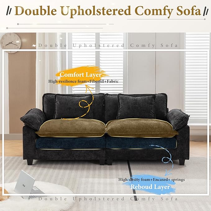 URRED Modular Sectional Sofa Comfy Cloud Couch, Modern Chenille Sofa Sleeper Deep Seat Couches with Ottoman/Pillows for Living Room (Black, 82.6'')-Ruum Studio Home