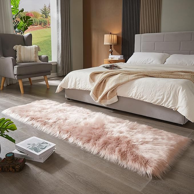 AMTOVO Faux Fur Rug, Pink Ultra Soft Fluffy Shag Sheepskin Rug, 2 x 6 ft Runner Area Rugs for Bedroom Sofa Throw Cushion Room Decor, Rectangle-Ruum Studio Home