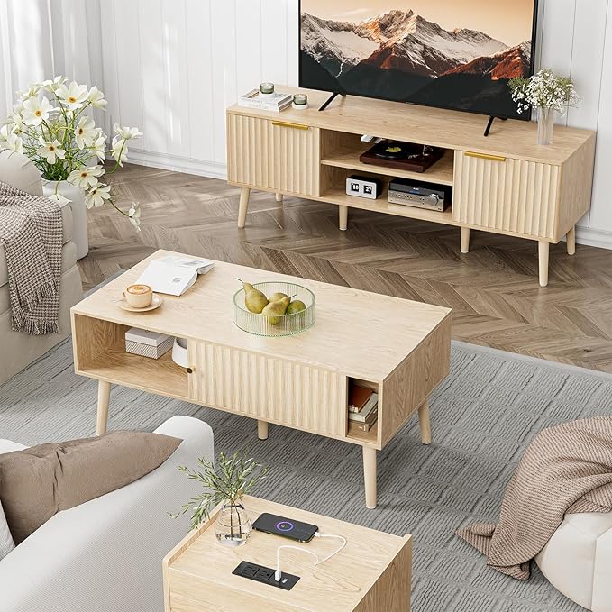 Coffee Table with Storage, Boho Dining Table with Sliding Fluted Door and Solid Wood Legs, Small Coffee Tables for Living Room, Oak-Ruum Studio Home