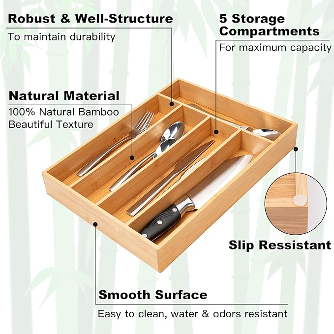 Silverware Organizer Kitchen Drawer Organizer Utensil Organizer Bamboo Silverware Holder Cutlery Organizer in Drawer Flatware Organizer Tray(5 slots, Natural-Ruum Studio Home