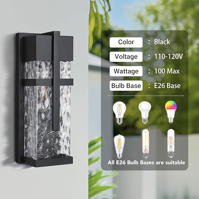 Hammered Glass Wall Lamp, Outdoor Light Fixtures, Exterior Wall Lantern for Porch with Waterproof, 2 Pack Wall Sconce Lighting, Wall Mount Light, Porch Light for Garage, Doorway, Patio(Bulb Included)-Ruum Studio Home