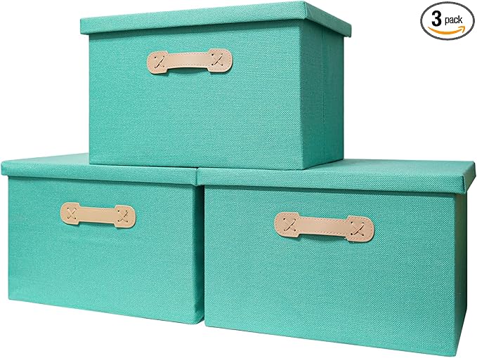 Enzk&Unity Decorative Storage Bins with Lids, Fabric Linen Foldable Storage Box with Handle Home Organizer for Shelf, Closet, Bedroom, Living Room, Office, 3 Packs, Teal-Ruum Studio Home
