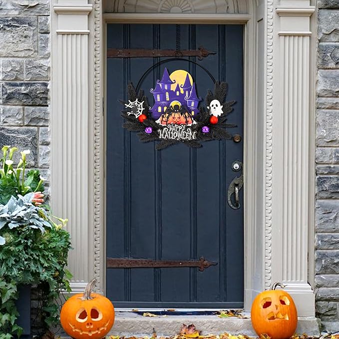 Lighted Halloween Wreaths for Front Door, Welcome Metal Wooden Door Wreath Decor Hanging Sign, 30 LED Lighted Wall Decor Battery Operated for Halloween Indoor Outdoor (Spider)-Ruum Studio Home