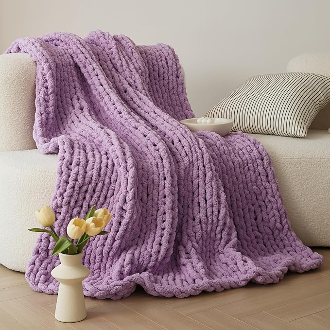 WESHIONGOO Chunky Knit Blanket Throw 50"×60" Knitted Throw Blankets for Couch Bed Fluffy Soft Blanket with Jumbo Chenille Yarn Thick 100% Handmade(Lilac)-Ruum Studio Home