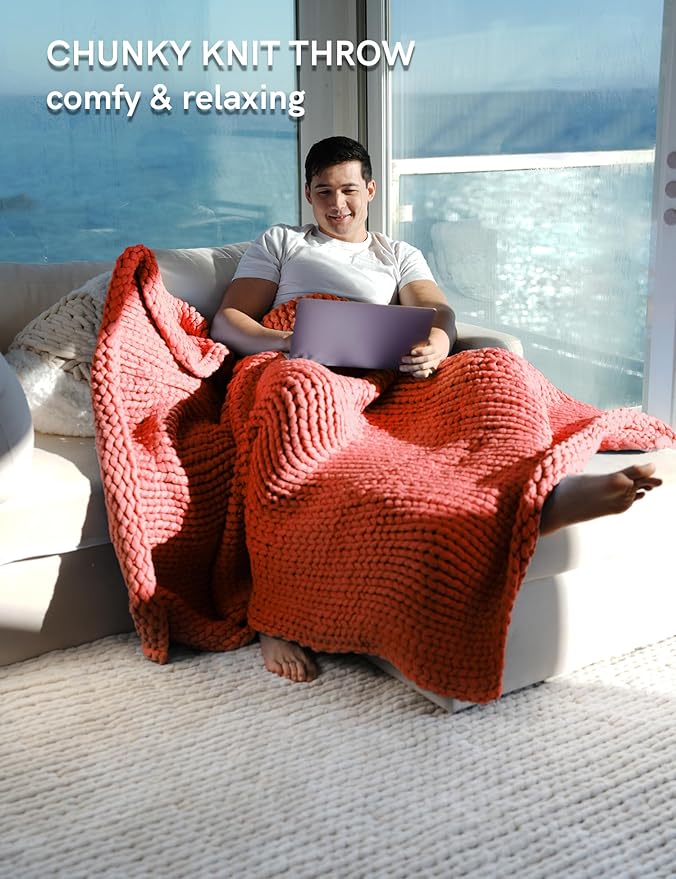 YnM Chunky Throw Blanket, Medium-Weight, Hand Knitted, Skin Friendly, Ventilated and Breathable, Machine Washable, Home Décor Piece for Couch, Sofa and Bed (Exotic Orange, 40x50 Inch)-Ruum Studio Home