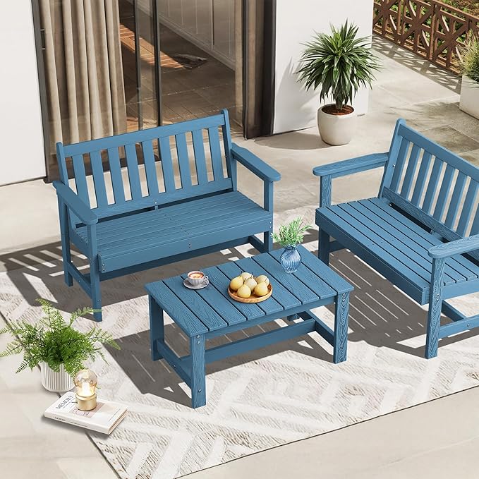 SERWALL Patio Coffee Table, HDPE Rectangle Outdoor Coffee Table Set of 2, Navy-Ruum Studio Home