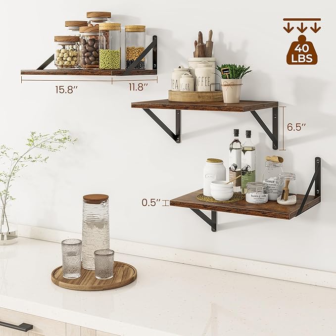 Heimlove Deep Floating Shelves for Wall, 12 Inch Deep Floating Shelves Set of 3, 16W x 12D Wood Wall Shelves, Wide Shelves with Metal Bracket for Living Room, Kitchen, Office, Bedroom - Rustic Brown-Ruum Studio Home