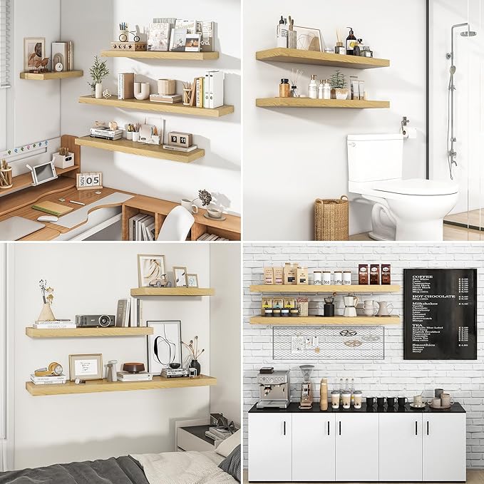 RICHFOCUS 40Inch Floating Shelves for Wall 2 Pack Shelves for Bedroom|Kitchen|Bathroom Wall Mounted Rustic Wood Floating Shelf with Invisible Brackets for Books|Storage|Decor, Oak-Ruum Studio Home