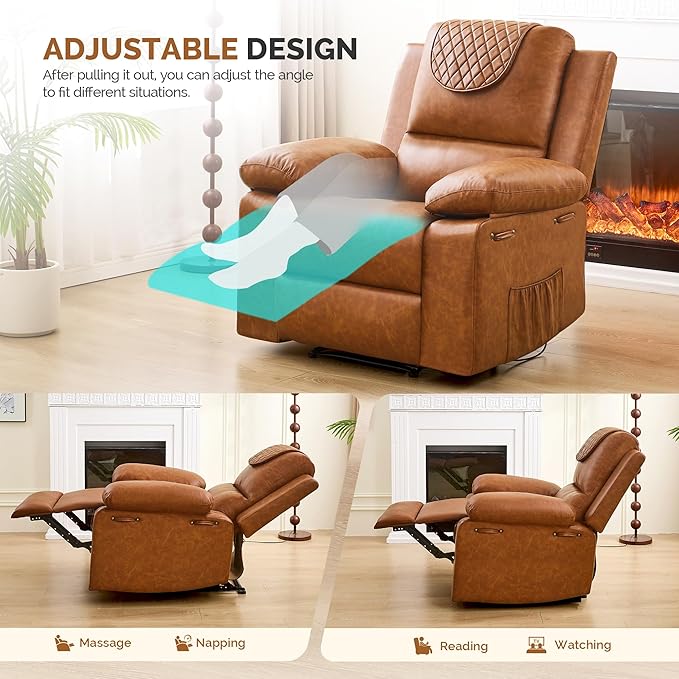 Recliner Chair with Electric Massage Adjustable Footrest & Heat, Manual Leather Recline for Adults Living Room Remote Control (Chestnut Brown)-Ruum Studio Home