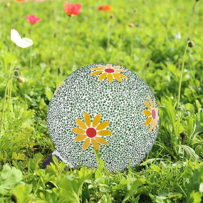 Gazing Ball 8 Inch Flower Glass Mosaic Garden Globe Outdoor Gazing Globe Yard Ornament for Garden Yard Home Lawn Outdoor Decoration Gift for Women (Not Solar Powered)-Ruum Studio Home