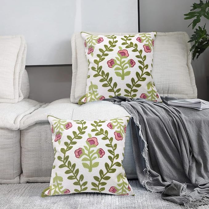 Alysheer Floral Embroidered Summer Decorative Throw Pillow Covers 18"x 18" Set of 2, Farmhouse Cottage Pink Flowers Green Leaves Knit Pattern Cotton Canvas Cushion Case for Sofa Couch Bed Living Room-Ruum Studio Home