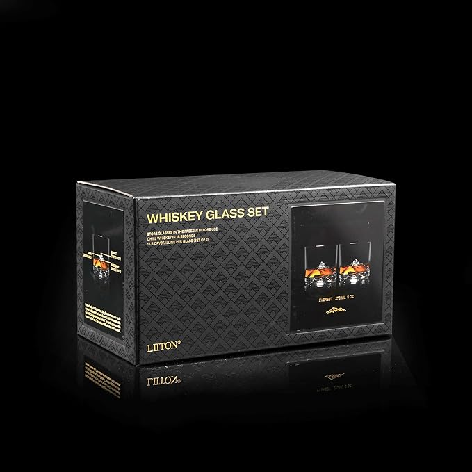 Mount Everest Heavy Crystal Whiskey Glasses Gift Set of 2, Thick Freezable Bourbon Glass 1lb Each, Premium Whiskey Gifts for Men, Frozen Crystal Chills Cocktails, 10 oz-Ruum Studio Home