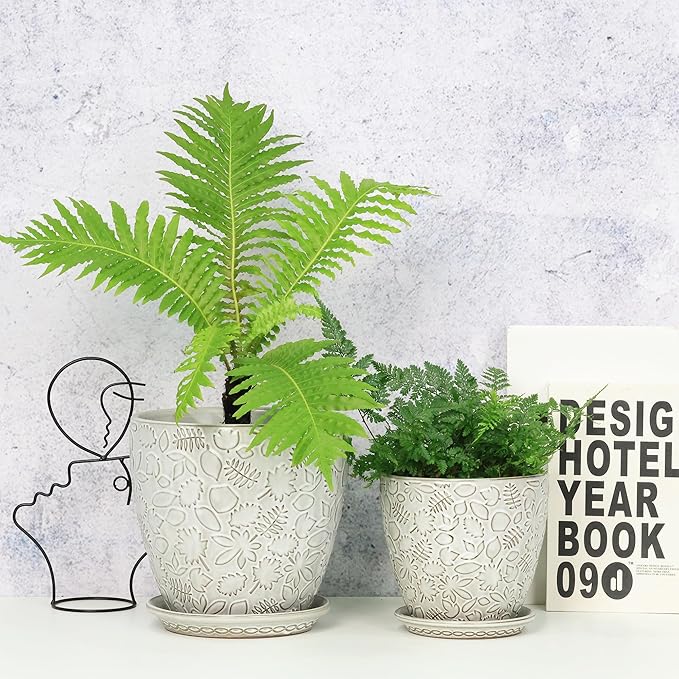 8 Inch + 6 Inch Retro Ceramic Planter Set of 2 with Drainage Hole and Saucer for Multiple Plants, Indoor-Outdoor Garden Pots for Succulent, Orchid, and Flower (Retro White)-Ruum Studio Home