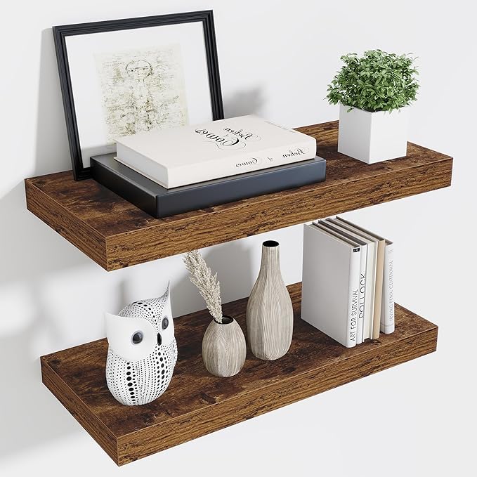 Fun Memories 24 Inch Floating Shelves Wall-Mounted, 10 Inch Deep Wall Shelves, 24 x 10 Floating Shelf for Living Room Bathroom Bedroom, Rustic Brown, Set of 2-Ruum Studio Home