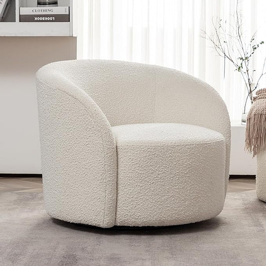 KINWELL 34" W Mid Century Modern Swivel Barrel Chair, Round Upholstered Boucle Swivel Accent Chairs, No Assembly Sofa Chair for Living Room Bedroom Reading Apartment Lounge Nursery(Cream)-Ruum Studio Home