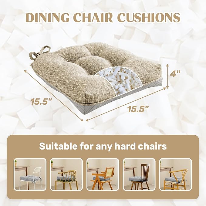 puredown® Chair Cushions for Dining Chairs, Tufted Memory Foam Chair Pads with Non-Slip Backing, Kitchen Seat Cushions with Ties, Washable Seat Pad Set of 4, 15.5" x 15.5" x 4", Khaki-Ruum Studio Home