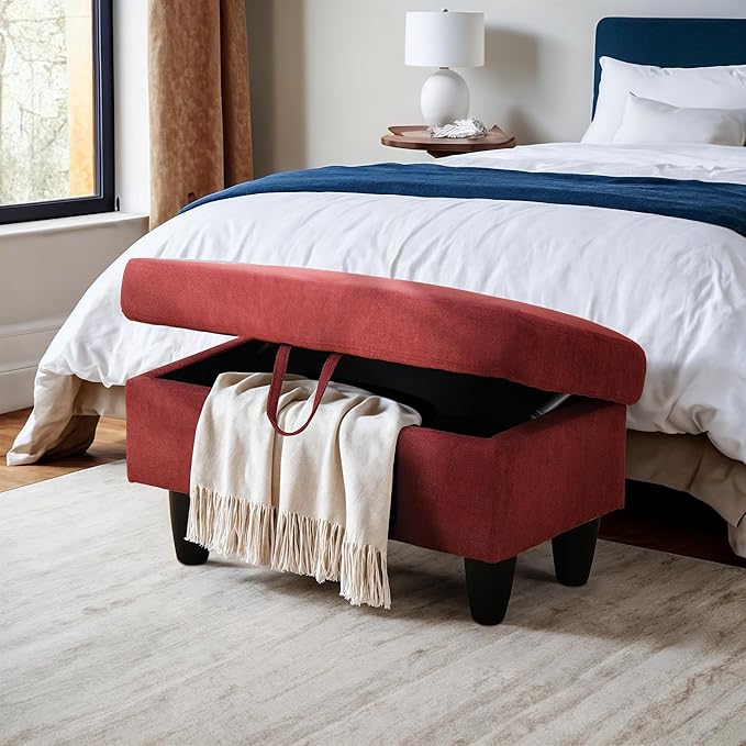 Ottoman Rectangular Storage Ottoman Bench, Flannel Footrest Stool Footstool with Lid for Living Room, Bedroom, Entryway, Red, 28.5"x19"x17.5"-Ruum Studio Home