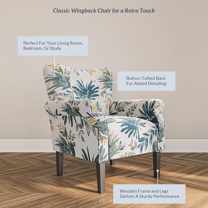 BELLEZE Modern Accent Chair for Living Room, High Back Floral Armchair w/Wooden Legs, Upholstered Wingback Side Chair Padded Armrest Single Sofa for Living Room, Bedroom - Allston (Green Blue Floral)-Ruum Studio Home