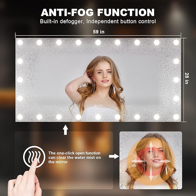 Hasipu LED Bathroom Mirror with Lights, 59" x 28" Hollywood Wall-Mounted Bathroom Mirror with 24 Dimmable Bulbs, 3 Colors Modes, Touch Control, Anti-Fog, Memory Function, Shatter-Proof, ETL Listed-Ruum Studio Home